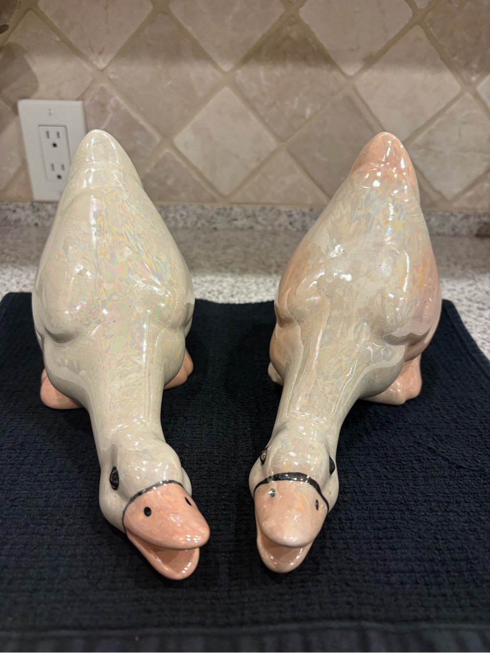 Pair Glossy Ceramic Goose Figurines White Pink